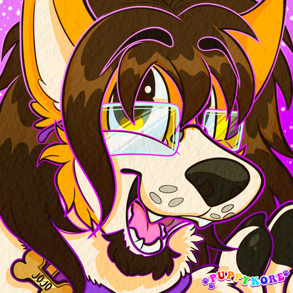 a soft sweet corgi poses in front of the camera, happily waving! he wears glasses and a purple collar with a bone tag, labeled “Jojo”
