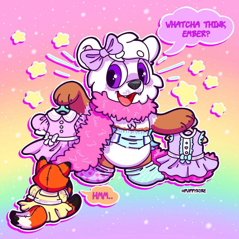 a baby bear is playing dress up with their plush friend