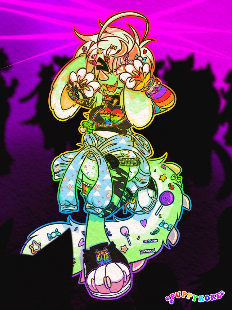 a super colorful bab dressed up in lots of accessories all rainbow colored, wearing a crop top, diaper, tights, converse, and a hoodie tied around her waist. they’re having a great time at the rave! will you join her in dancing? 