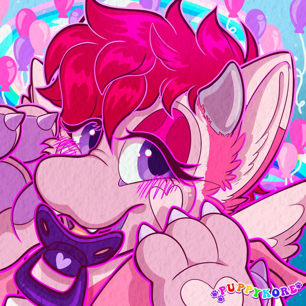 a sweet pretty fluffy dragon in pink tones and hearts poses in front of the camera with a purple paci in her mouth, against a bright starry sky filled with clouds and rainbows!