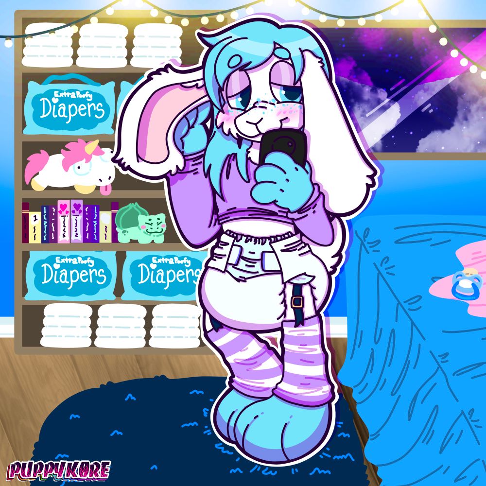 an anthro bunny takes a selfie of themselves in their bedroom while wearing a big poofy diaper, striped leg warmers, and purple crop top