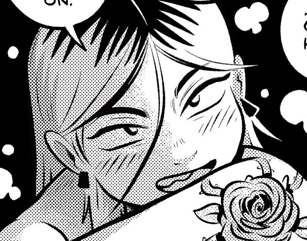 Lucy with a rose tattoo on her shoulder