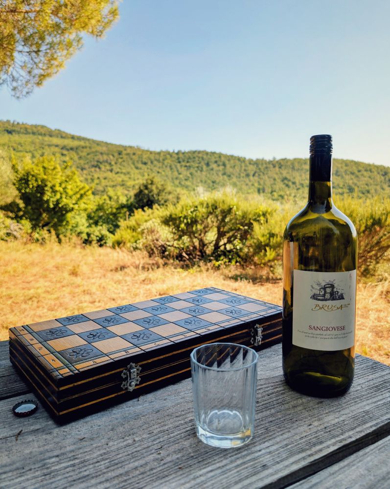 A chessboard next to a bottle of wine and am empty glass. Hills with trees in the background 