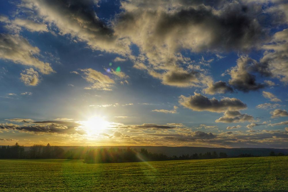 Sonnenuntergang über einem grünen Feld.