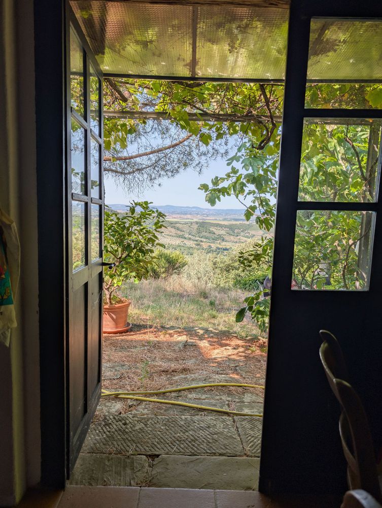 View through an open door to landscape behind