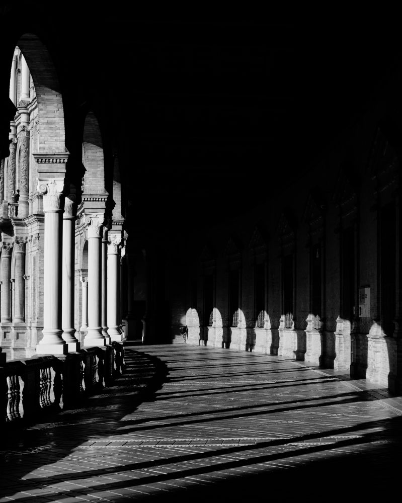 Black and white photo of a hallway with alternating light and dark spaces, created by the sunlight entering from the left side of the photo