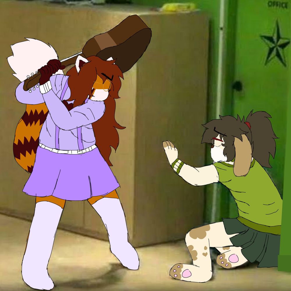 a red panda wearing purple skirtalls about to hit a bunny, wearing a green varisty jacket and skirt, with a guitar