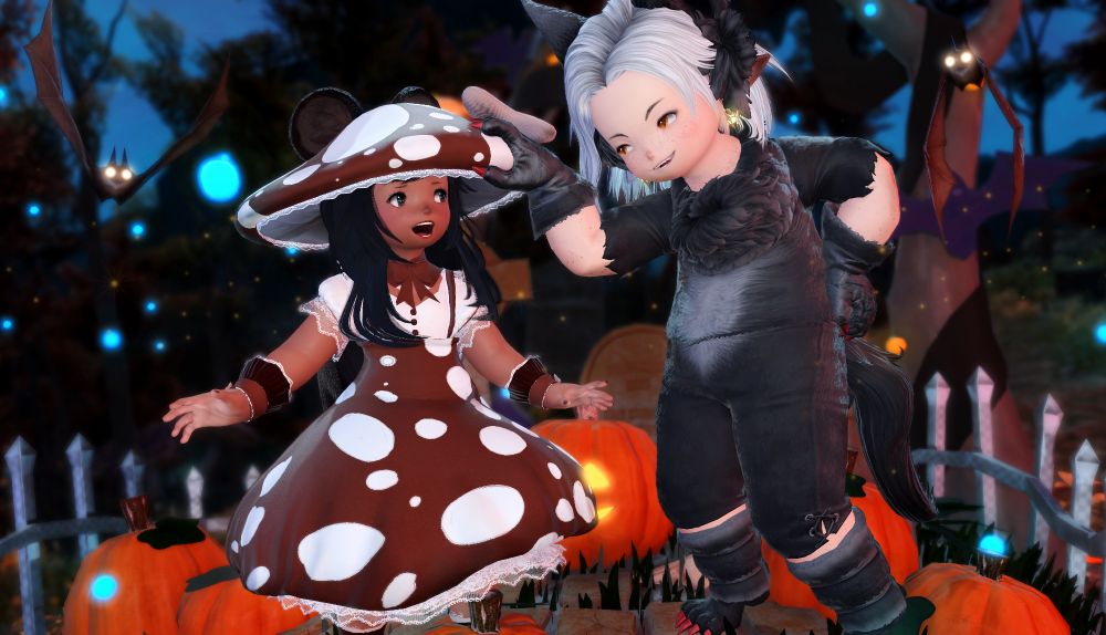 Grey, dressed in a black wolf outfit, teasing the outfit of Nukin, dressed as a pretty mushroom. The latter looks nervous at the cap being lifted so she's in the sight of the former.
