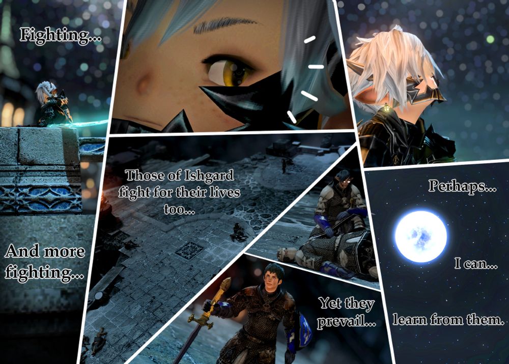 A comic strip with Grey sitting at the peaks of Ishgard, overlooking the trouble people fight through. He is inspired and looks wistfully up at the moon.