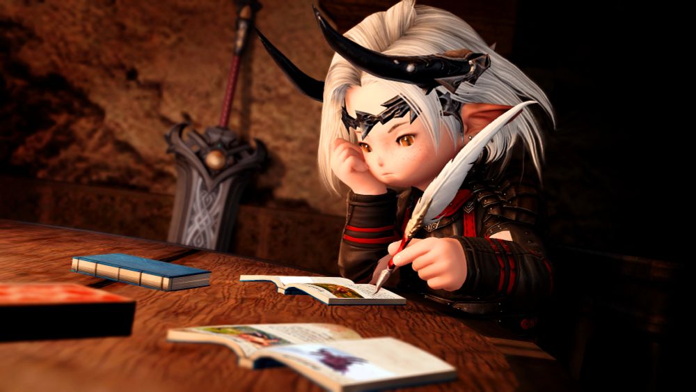 Grey sitting at his table, lit by candle light as his sword leans against the nearby wall. He is gazing thoughtfully at an open book with details on the common Squirrel, with another book left open detailing the Behemoth and Gigantoad.
