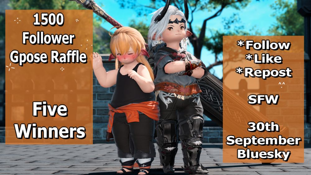 A pic of Grey and Kyo together. There is text reading "1500 Follower Gpose Raffle, Five Winners" and "*Follow, like, repost, SFW, 30th September, Bluesky"