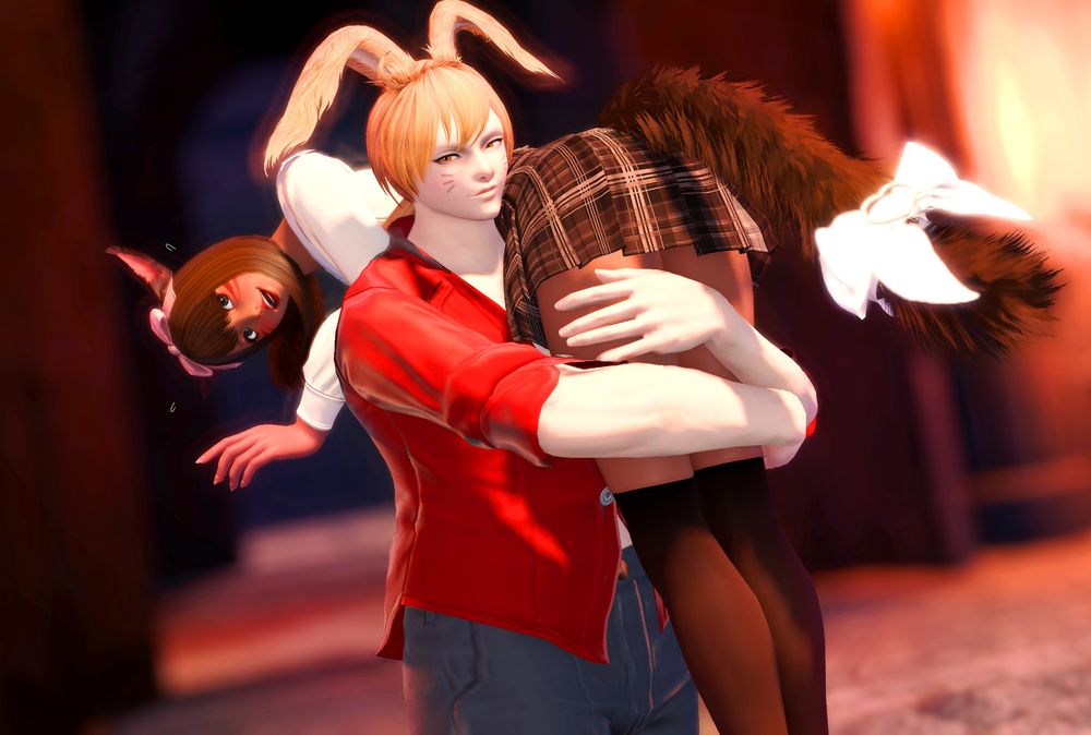 Viera!Kyo as Kyo Sohma and Annette as Tohru Honda. The former is carrying the latter over his shoulder and looking smug yet fondly. Annette looks startled and panics, smiling nervously with a poofed up tail.