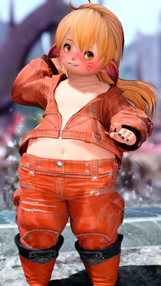 Kyo modelling for a trendy, orange jacket and pair of trousers. The open zipper reveals his chest.