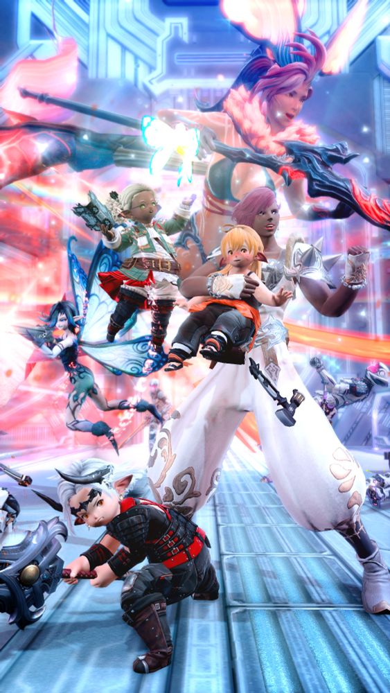 Group shot of Grey swinging a broadsword at a sentry, Midnight Dew picking a fight while holding Kyo with one arm, Statice firing off a shot, Inkiki healing the party with Eos, and Penthesilea sending fiery tendrils out.