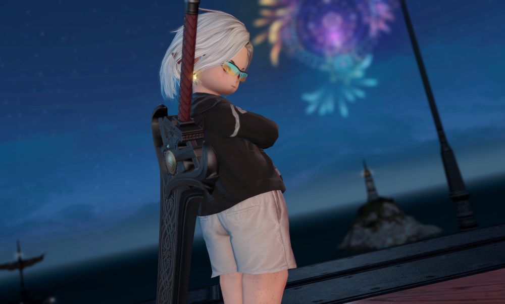 Grey is standing before the fireworks, casting an aloof glance back at you. HE is wearing a lifeguard outfit (dyed jet black), still brandishing his giant broadsword.