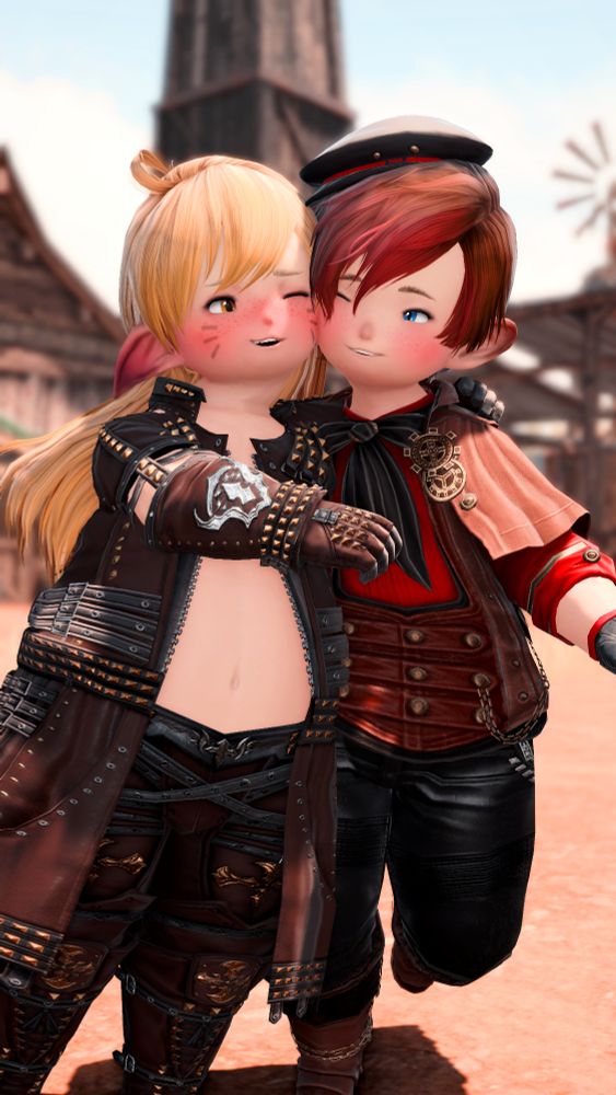 Kyo and Mont wearing fancy clothing. The former is holding the latter close, nuzzling his blushing cheek against his.