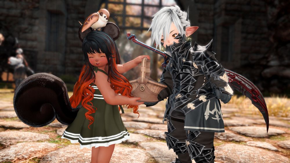 After being back to safety, Nutkin shyly holds out a bag of freshly picked food supplies (various assortments of nuts) towards Grey, who generously takes it in one hand with a cocky yet tender smile. 
Nutmeg sits atop her head, looking curiously at the basket and wanting to snack on them.