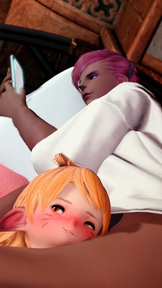 Midnight Dew casually watching her tomestone as she lays in bed. Kyo is clinging to her waist, his face squished against her leg with a cheeky little smile on his flushed face.