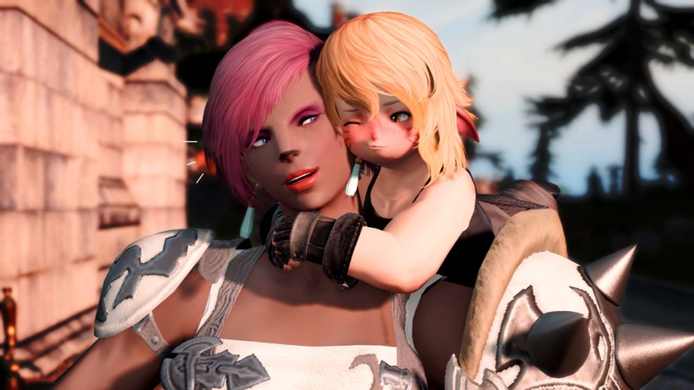 Kyo giving Midnight Dew a hug from behind, nuzzling against her cheek. How he was able to launch himself up to reach her height is currently unknown.