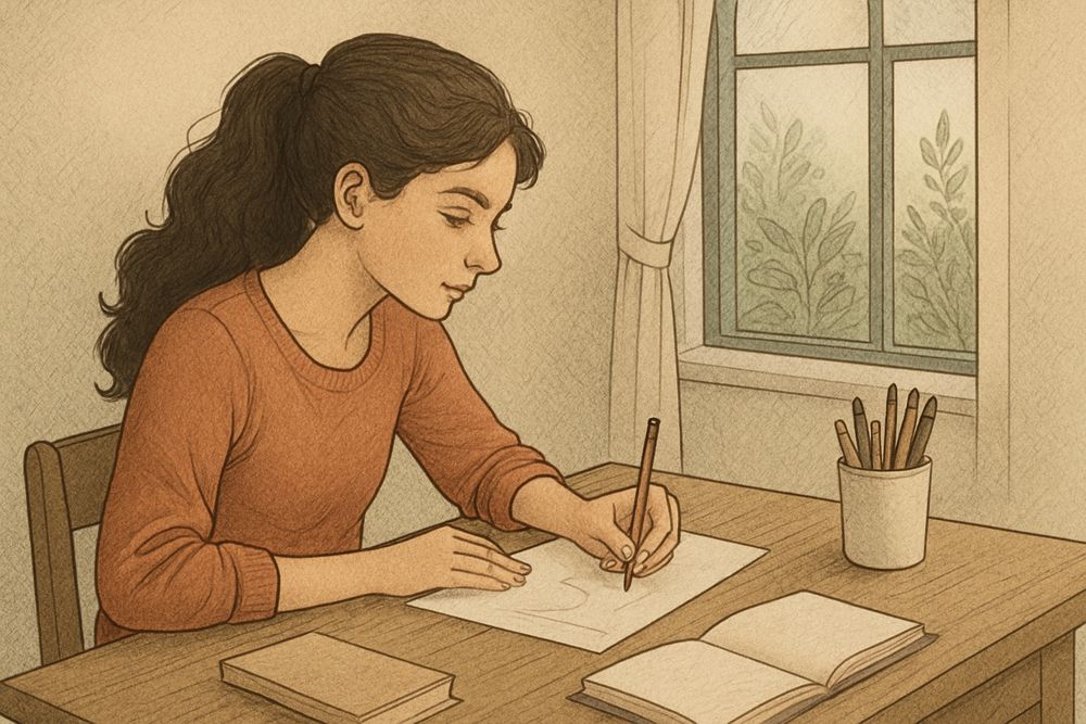 Un dessin réalisé par une ia générative : elle tient son crayon de la main gauche.