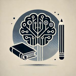 Une illustration de l'article. Trois éléments : un livre, un crayon et un cerveau électronique symbolisant l'IA. Image épurée en niveau de gris générée par Dall.E