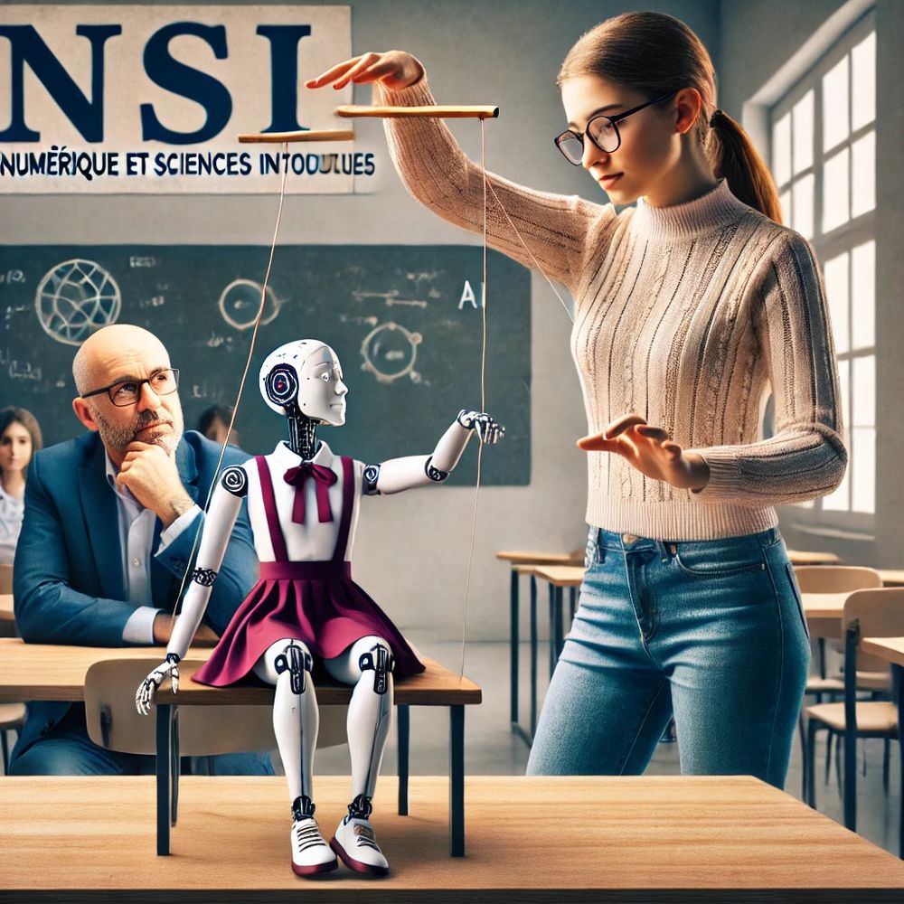 Une jeune fille dirige une IA symbolisée par une marionnette. Son professeur l'observe.