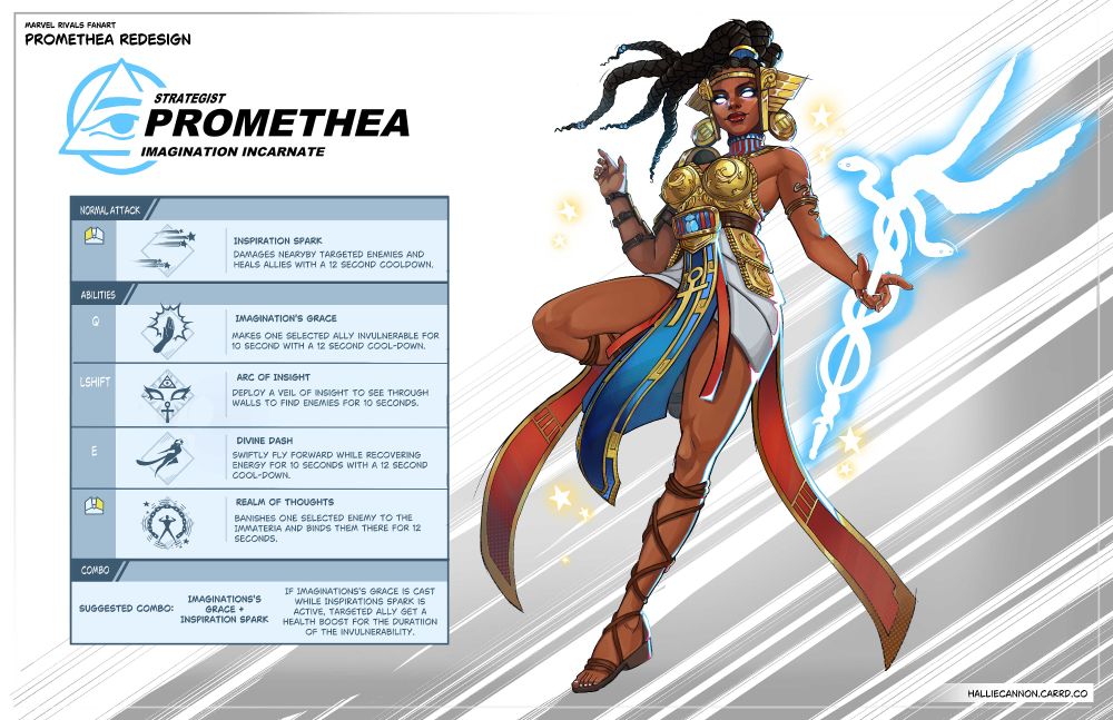 A redesign of Promethea in the marvel rivals style with designed icons for her moves.