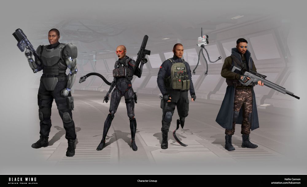 A line up of 4 realistic scifi characters with different roles 