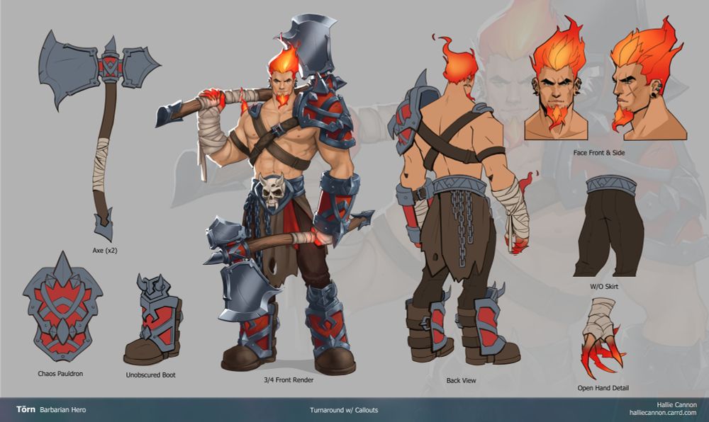 Turnaround with callouts of a barbarian character for a MOBA game