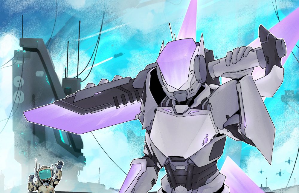 digital drawing of two characters (seraph, a purple robot and vra, a beige and green robot) in front of a blue sky dotted with abstract structures and wires