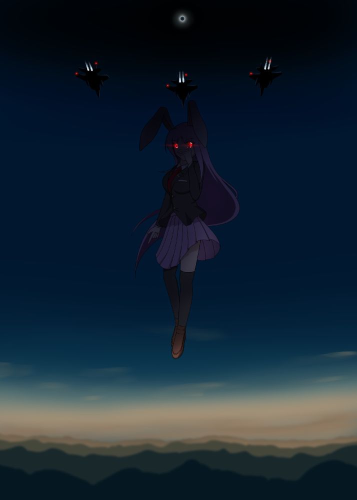 An eclipse in progress, 3 F-15Es flyby and Reisen's aura farming.
Inspired by a video of three US F-15Es chase the moon during an eclipse back in 2018.
