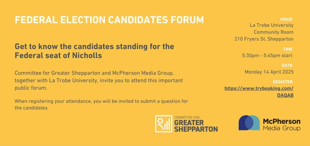 Notice about candidates forum in Shepparton Australia Monday 14 April