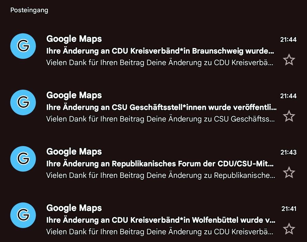 Vier Mails von Google Maps, Änderungen diverser Geschäftsstellen und Verbände auf die Endung *innen.