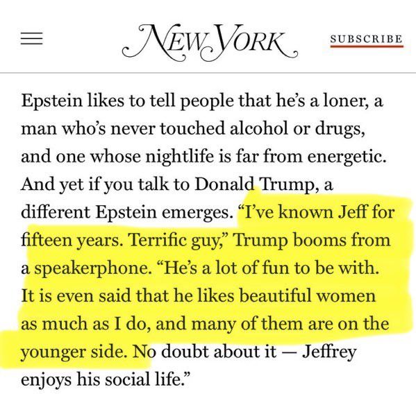 Quote of Trump expressing his appreciation for Epstein in the New Yorker 