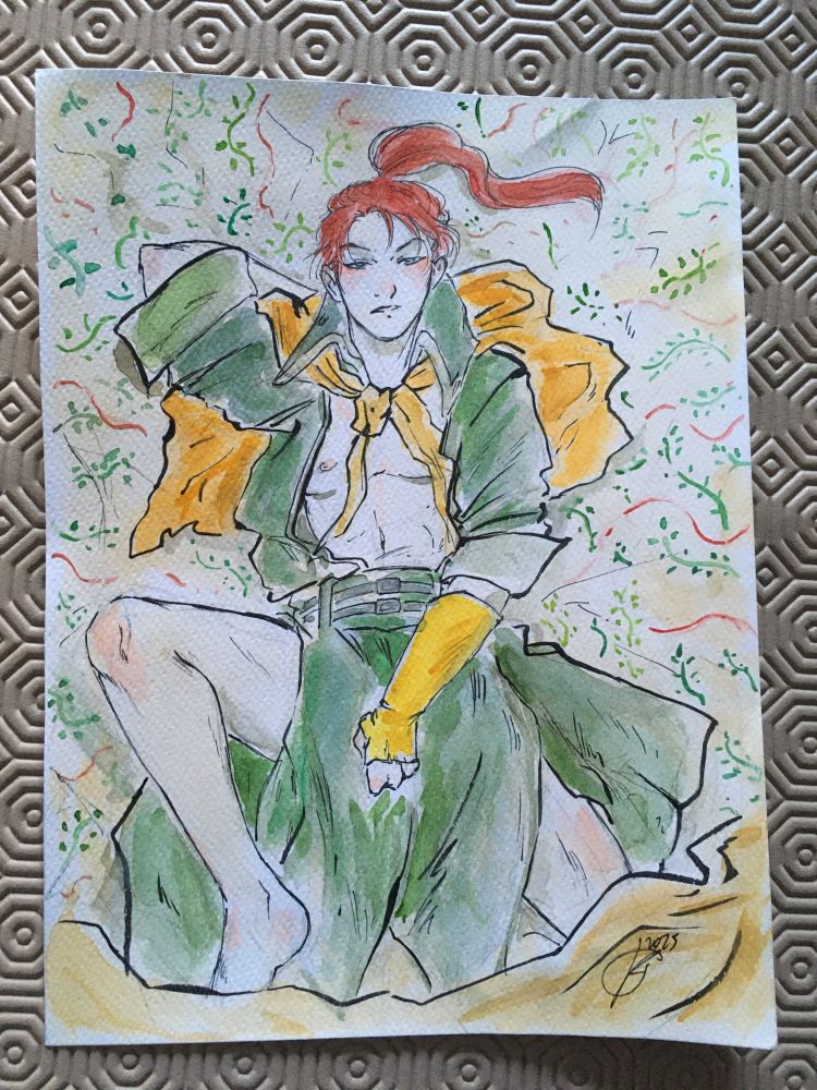 A physical watercolour painting of Shinon, from Fire Emblem: Path of Radiance/Radiant Dawn. He is laid down with his legs spread; his coat open to expose his chest, but also covering his crotch. Also his scarf and gloves are still on.