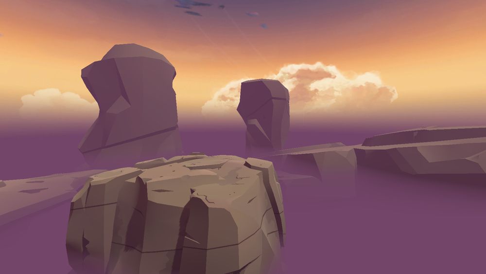A perspective view of the Dusk arena level. The orange, dusk colored sky drops into purple fog that stretches to the horizon. Large, pale brown rock formations pierce the fog and stretch upward.