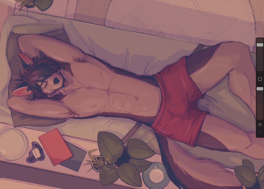 furry art of a tamaskan character in boxers sleeping in
