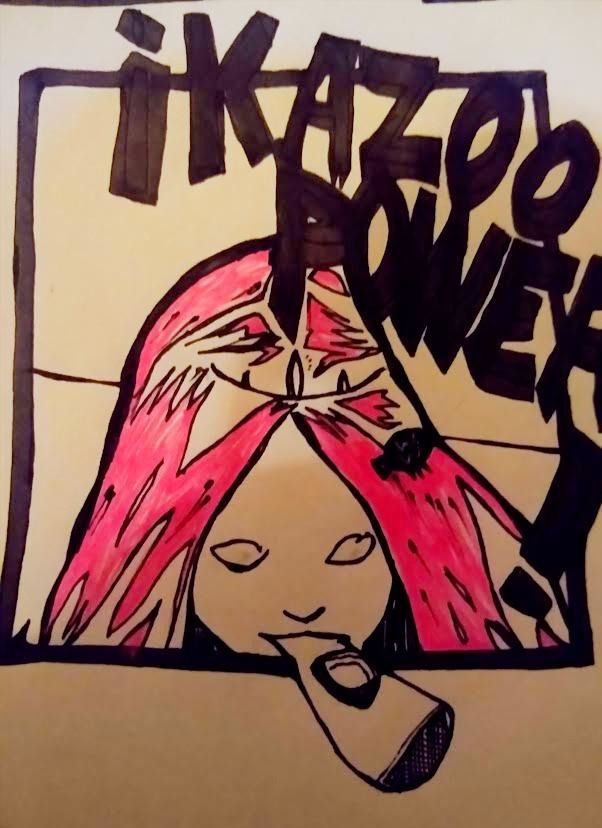 a cartoon drawing of a woman with pink hair blowing a kazoo, the caption says Kazoo Power!