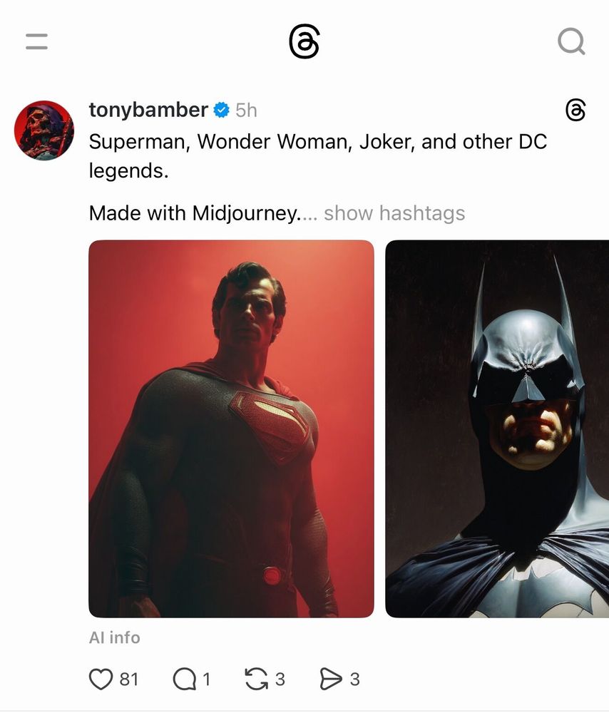 Photo by Chris Messina on September 29, 2025. May be an image of ‎2 people, Superman, costume, bust, poster and ‎text that says '‎6 5h tonybamber Superman, Wonder Woman, Joker, and other DC legends. ලි Made with Midjourney.... show hashtags هن Alinfo AI info 81 3 3‎'‎‎.