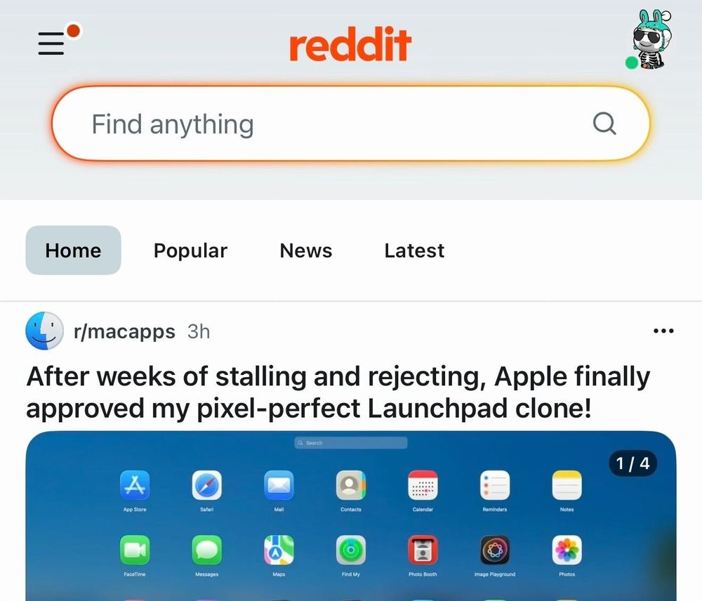 Photo by Chris Messina on September 28, 2025. May be a Twitter screenshot of ‎phone, screen, tablet and ‎text that says '‎reddit Find anything Home Popular News Latest r/macapps 3h After weeks of stalling and rejecting, Apple finally approved my pixel-perfect Launchpad clone! Search Ape Store Satari Mail Coetaits Calendar 1 1/4 4 FacaTime Rerindes Messages Nates oEes Mapa ن FndMy PhatoBaarh និនច Boarh Phato imaga ูง Phanos‎'‎‎.