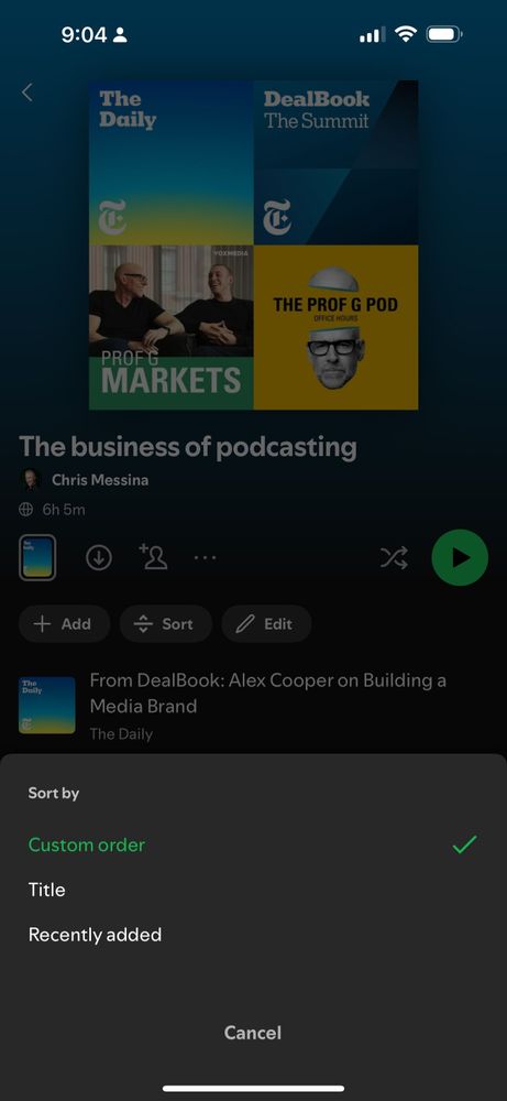 Photo by Chris Messina on March 25, 2025. May be a Twitter screenshot of 2 people, screen, poster and text that says '9:04: 9:04 MARKETS Thebusinessofpodcasting Thebusinessofp Sortby by Customorder order Custom Title Recently Recentlyadde added Cancel'.