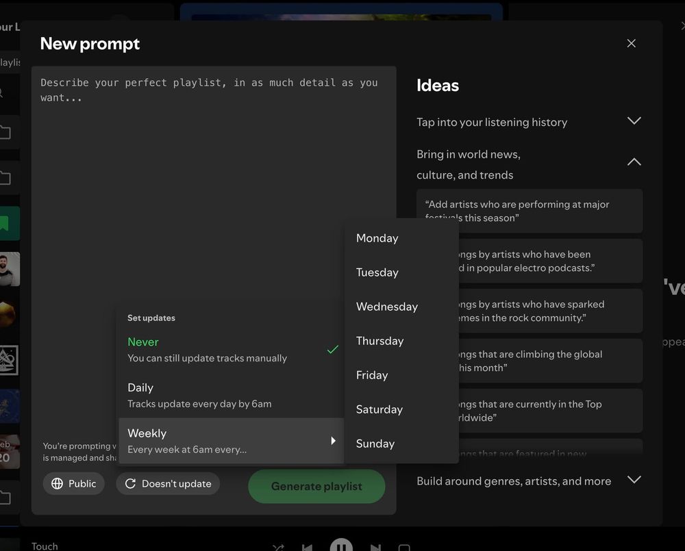 This image depicts a section of a digital playlist creation interface where the user is selecting a schedule for playlist updates. A dropdown menu lists options from "Never" to "Weekly," with "Never" currently selected, indicating no automatic updates. The menu also shows that playlists can still be manually updated at any time. Beneath the schedule options, there is a "Public" privacy setting button and a green "Generate playlist" button. The background includes a partially visible side panel with ideas for playlist themes, and the interface maintains a dark theme with white and green accents.