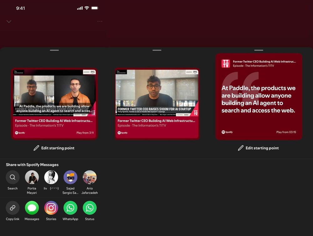 The image displays a screen from a video streaming or podcast application, featuring three segments related to the former CEO of Twitter discussing AI and web infrastructure. Two of the segments show individuals speaking, while the third includes a text overlay summarizing the content. The text mentions that at Paddle, they are developing products that enable users to build AI agents capable of searching and accessing the web. Below the segments, there are options to edit the starting point of playback and share the content via various messaging platforms. The overall interface has a dark theme with red accents, providing a modern look.