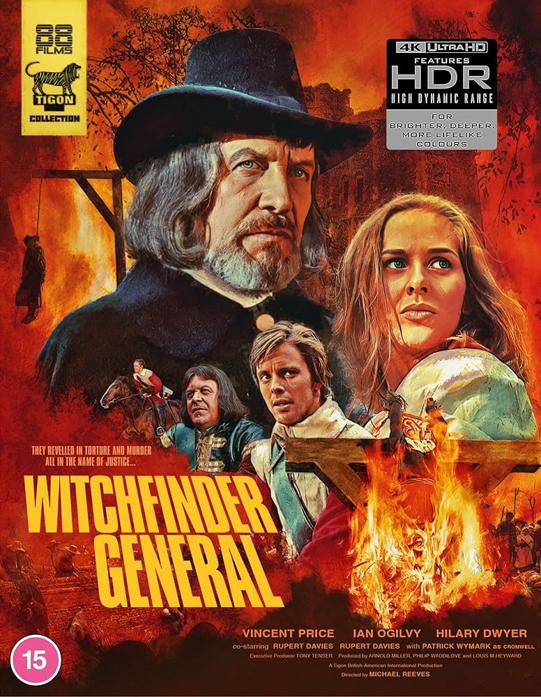 The 4K DVD cover of Witchfinder General. Vincent Price looms menacingly in period attire over a woman and some men as they look into the distance. Behind are shots of a person hanging from the gallows and a burning cross-shaped stake.