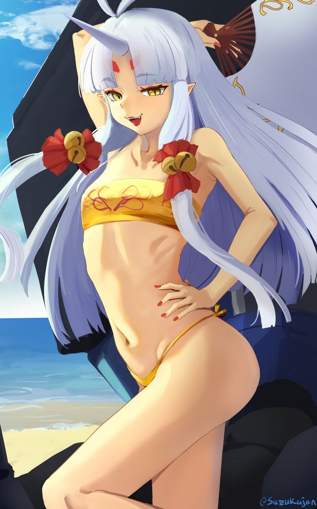 Suzuka Hime with a golden bikini top and bottom posing with a fan while on top of a Jyaki-Gun-Oh's hand. The beach can be seen in the distance.