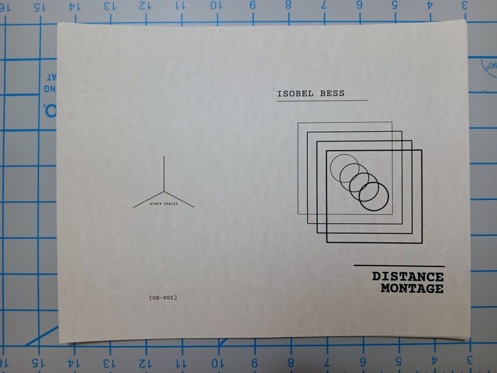 stack of Distance Montage zine covers on parchment cardstock with black line geometric design