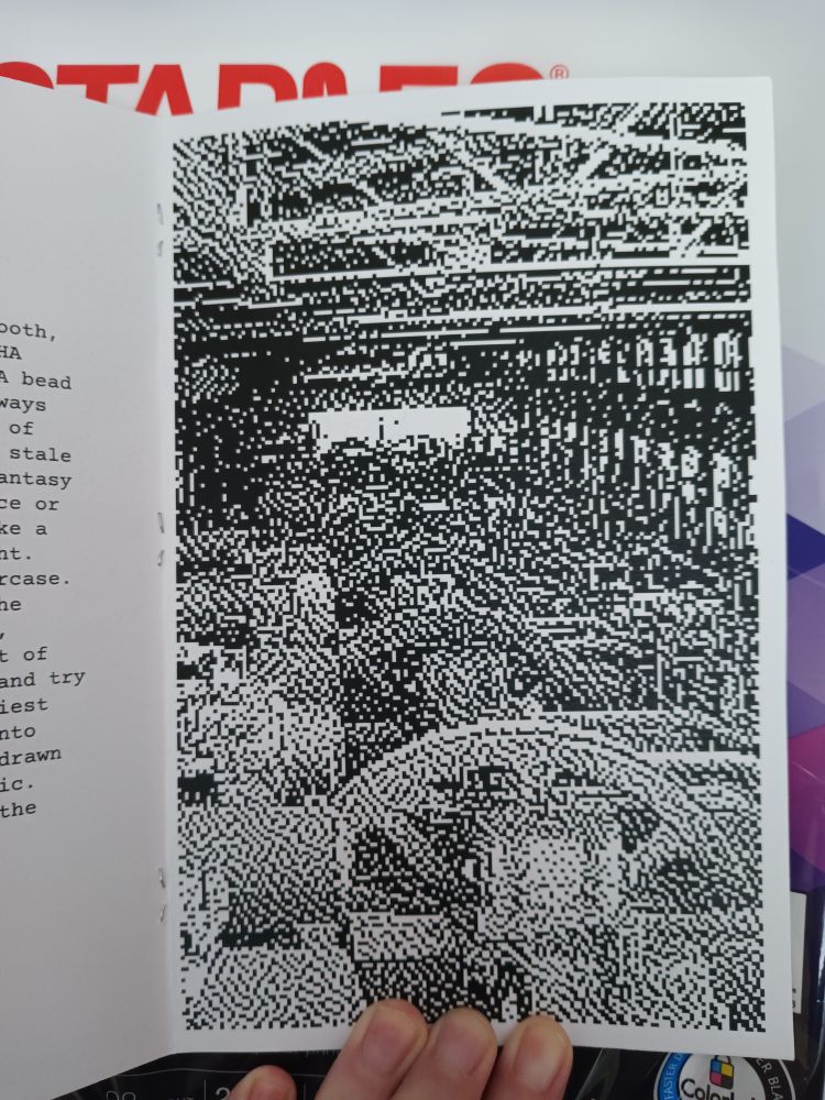 zine interior: a heavily dithered black and white photograph of an industrial ruin printed on 98 bright 106 gsm paper in black toner