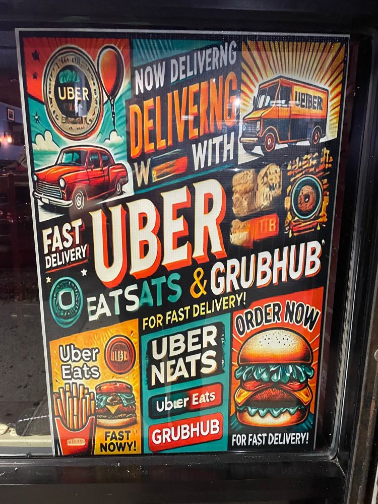 An AI generated ad in the window of a bar in my neighborhood announcing fast delivery via Grubhub and Uber Eats, as well as Uber Neats, Uber Eatsats and Uieber. It promises the food will come “Fast Nowy!”