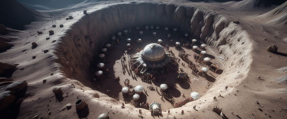 A photorealistic overhead shot of a medival market in a big crater on the moon - PhotoArt XL