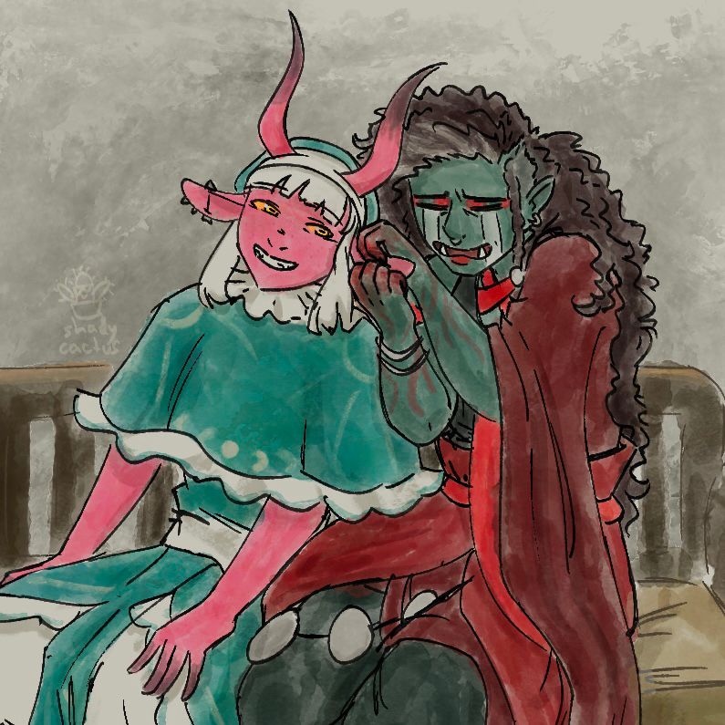 digital art of tyranny and thaisha sitting together on a bench. tyranny is grinning as a weeping thaisha pets her ear with both hands